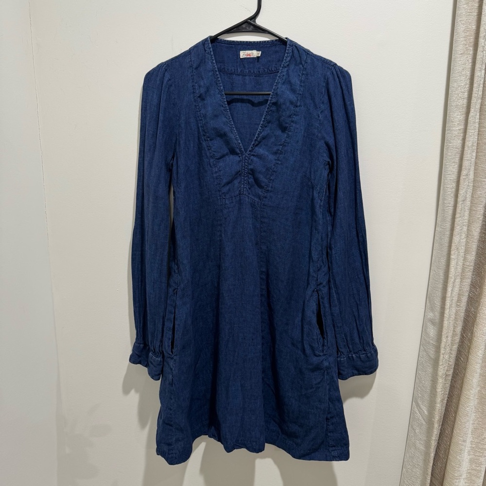 Faherty Indigo Dyed‎ 100% Linen V Neck Long Sleeve Dress XS
